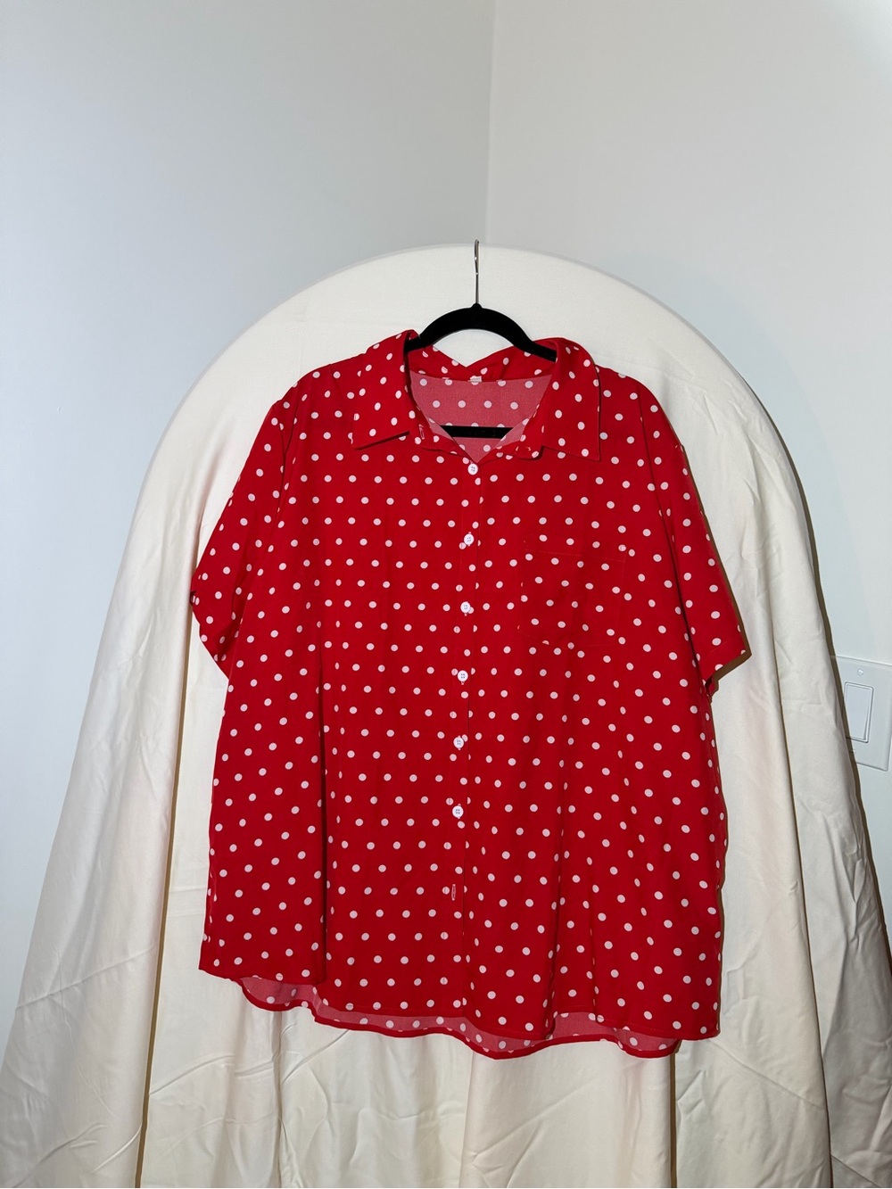 Amazon Red Polka Dot Button-Up Blouse with White Dots